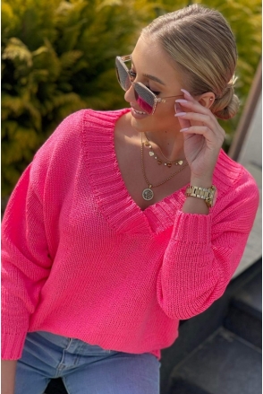 SWETER KATE V DEKOLT OVERSIZE polski UNI RÓŻ NEON