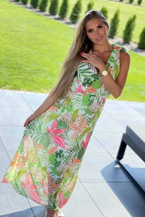 Sukienka Maxi Flores Zielono-Różowa