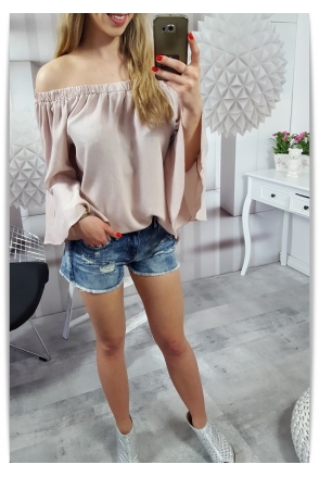 BLUZKA JEDWABNA HISZPANKA BOHO SZEROKIE RĘKAWY BEŻ