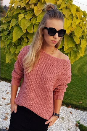 SWETER EMI CIEPŁY KOBIECY GRUBY PRĄŻEK RÓŻ