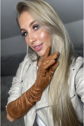 Rękawiczki zamszowe damskie długie ocieplane Bella Nubuk kamel